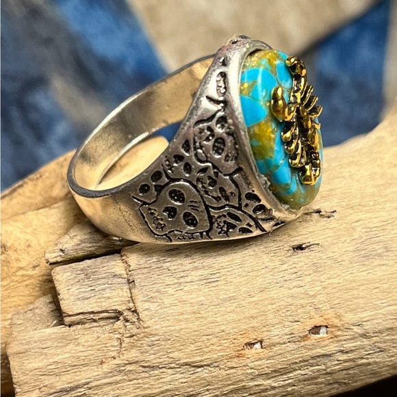 2133-PTT 925 Silver Color Metal Plated Skull & Scorpion Turquoise Color Bikers - Picture 3 of 11